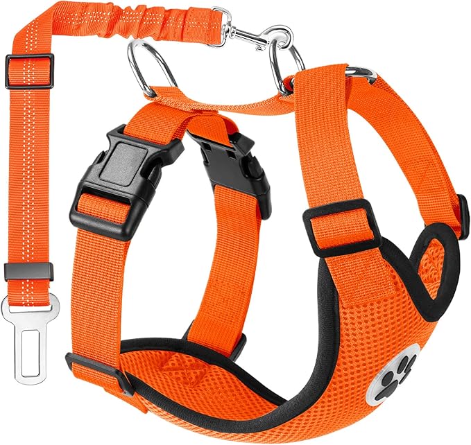 Lukovee Dog Seat Belt - Adjustable Dog Car Harness for Large, Medium &amp; Small Dogs, Soft Padded &amp; Breathable Mesh Dog Seatbelt with Vehicle Connector Strap (Orange, XX-Small)