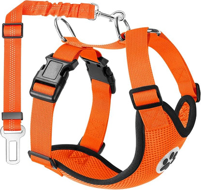 Lukovee Dog Seat Belt - Adjustable Dog Car Harness for Large, Medium, Small Dogs - Soft Padded &amp; Breathable Mesh Dog Seatbelt with Vehicle Connector Strap (Orange, Small)