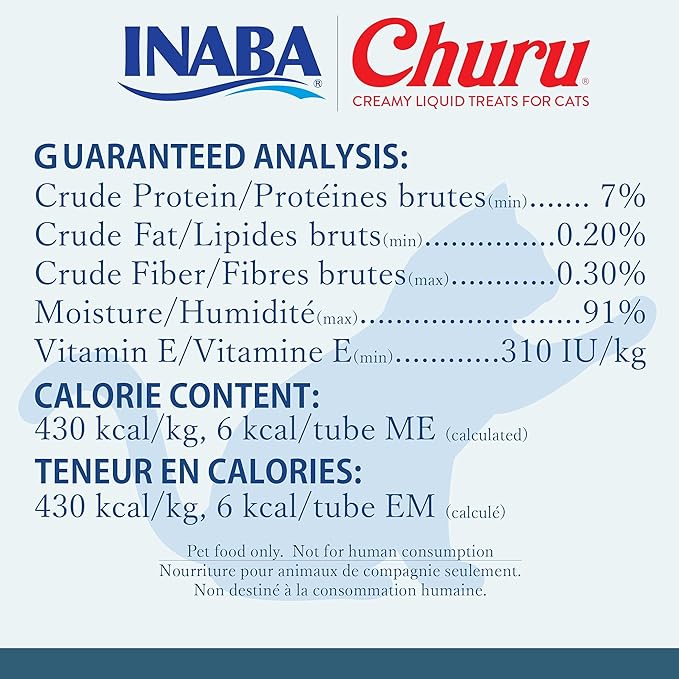 INABA Churu Cat Treats, Grain-Free, Lickable, Squeezable Creamy Purée Cat Treat/Topper with Vitamin E &amp; Taurine, 0.5 Ounces Each Tube, 48 Tubes (4 per Pack), Tuna with Scallop Recipe