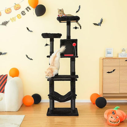 MWPO Gothic Large Cat Tree, 70.1-Inch Multi-Level Tall Cat Tower for Indoor Cats, Plush Cat Condo with Big Padded Perches, Sisal-Covered Scratching Posts, Hammock, Toys for Kittens &amp; Cats, Black