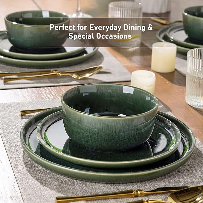 GBHOME Ceramic Dinnerware Sets for 6, 18 Pieces Stoneware Plates and Bowls Sets, Reactive Glaze Dishes -Scratch Resistant, Dishwasher&amp;Microwave Safe, Earth Green