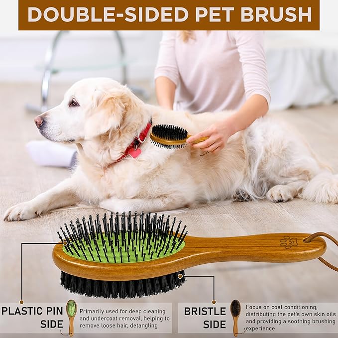 TAKAVU Pin &amp; Bristle Pet Brush for Dogs &amp; Cats - Double Sided Grooming Tool Detangles, Removes Loose Hair &amp; Conditions Coat - Wood Handle