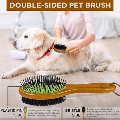 TAKAVU Pin &amp; Bristle Pet Brush for Dogs &amp; Cats - Double Sided Grooming Tool Detangles, Removes Loose Hair &amp; Conditions Coat - Wood Handle
