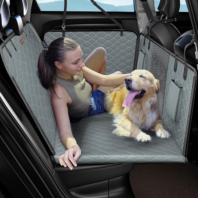 MIXJOY Back Seat Extender - Hard Bottom Dog Car Seat Cover, Waterproof &amp; Foldable Dog Hammock for Car Travel, Grey