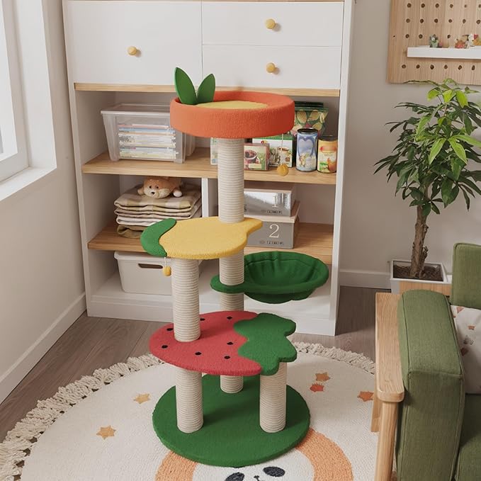 Happy &amp; Polly Cute Cat Tree - 40.5" Fruit World Cat Tower for Indoor Cats, Cat Tree Condo with Sisal Scratching Posts, Cozy Hammock, Plush Strawberry Perches, Kitten Cat Trees Towers Activity Center