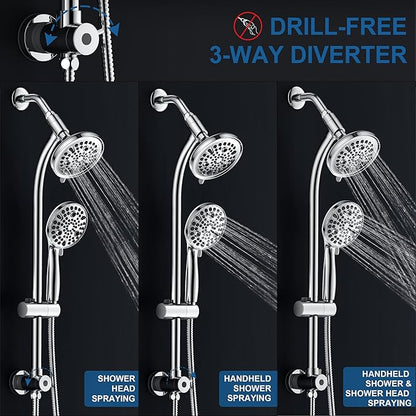 High Pressure Handheld/Rain 82-mode 3-way Shower Head Combo with 25.75" Adjustable Drill-free Stainless Steel Slide Bar, Pet &amp; Tub Power Wash and Anti-clog Nozzles, with 5ft Hose - Polished Chrome