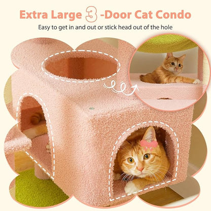 PAWZ Road Flower Cat Tree, 72 Inches Large Cat Tower with Steel Frame Hammock and 7 Scratching Posts, Tall Cat Tree with 2 Condos and Perches for Large Indoor Cats - Pink