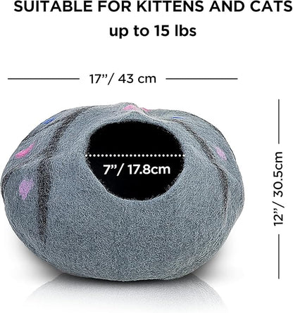 Woolygon Premium Felt Cat Cave Bed – Wool Kitty Beds Handcrafted Kitten Caves Bed for Indoor Cats - Made from 100% Eco-Friendly Merino Wool, Foldable Cat Hidewawy Covered Cat Houses (Enchanted Tree)