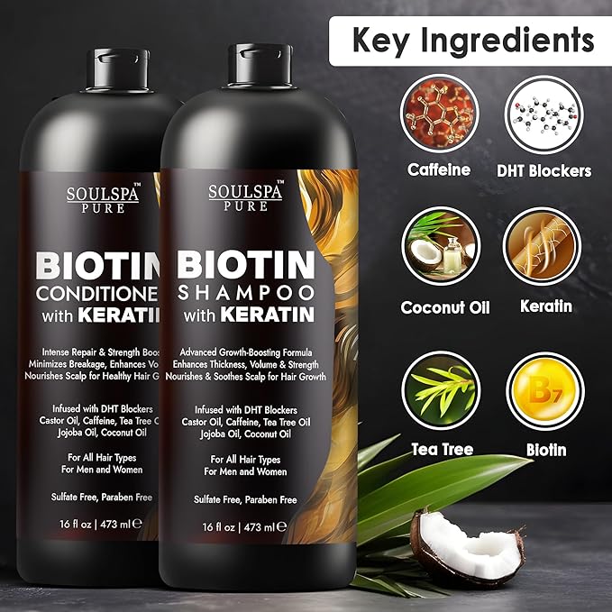 Biotin Shampoo and Conditioner Set with Keratin - Sulfate-Free Advanced Anti-Thinning, Hair Growth Shampoo and Conditioner Combo Repair Formula - with DHT Blockers, for Men &amp; Women - 16 fl oz each