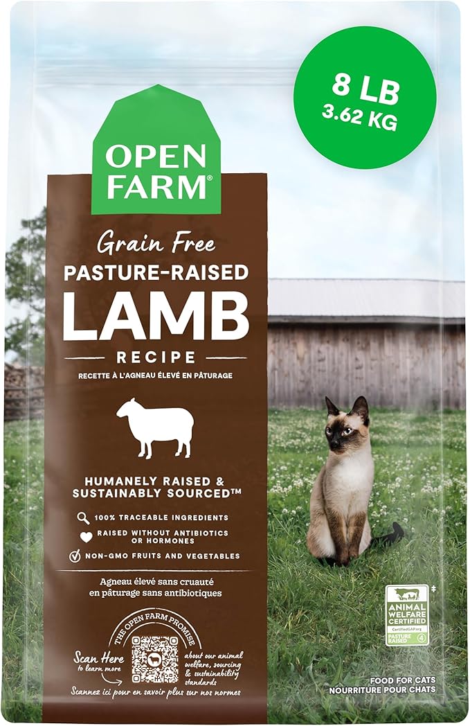 Open Farm, Grain Free Dry Cat Food, High-Protein Kibble for a Complete &amp; Balanced Diet, Non-GMO Fruits &amp; Vegetables, Prebiotic Fibers to Support Digestion, Pasture-Raised Lamb Recipe, 8lb Bag
