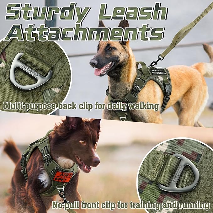 rabbitgoo Tactical Dog Harness for Large Dogs, No Pull Military Service Vest with Handle &amp; Molle, Easy Control for Training Walking, Adjustable Reflective Straps, Green camo, L