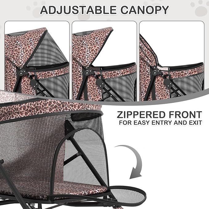 MoNiBloom 4 Wheels Pet Stroller, Easy-Fold Umbrella Shaped Dog Cat Jogger Stroller w/Storage Bag &amp; Visible Mesh for Small/Medium Dogs Cats Leopard Print