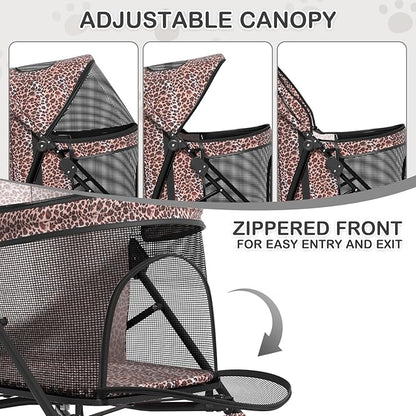 MoNiBloom 4 Wheels Pet Stroller, Easy-Fold Umbrella Shaped Dog Cat Jogger Stroller w/Storage Bag &amp; Visible Mesh for Small/Medium Dogs Cats Leopard Print