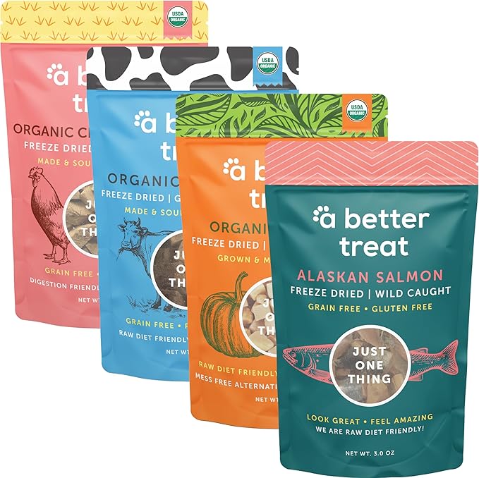A Better Treat – Freeze Dried Organic Pumpkin, Wild Caught Salmon, Organic Grass Fed &amp; Finished Pasture Raised Beef, Organic Chicken Dog and Cat Treats | Healthy, Diabetic Friendly | Made in The USA