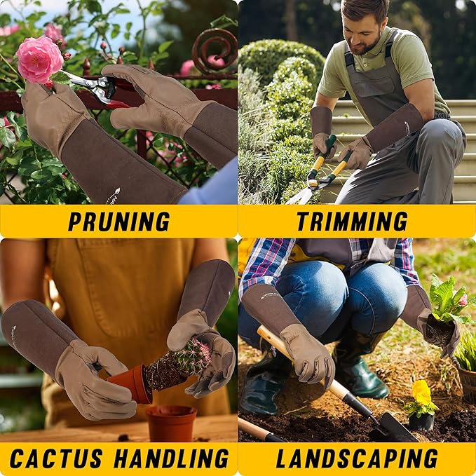 HANDLANDY Long Gardening Gloves for Men &amp; Women, Cowhide Leather Rose Pruning Gloves- Breathable &amp; Durable Gauntlet Glove (Large, Brown)
