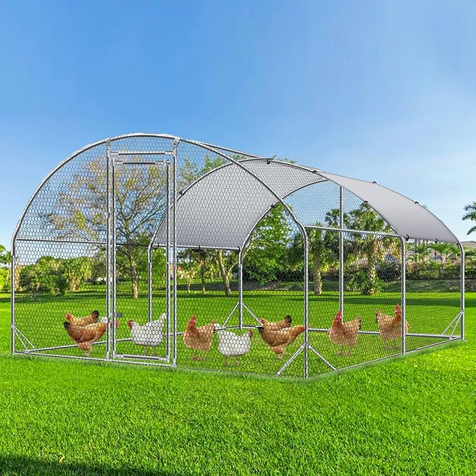 4ever2buy Large Metal Chicken Coop with Run Walk-in Poultry Cage Chicken Runs House Pen Cage Dome Roofed Chicken Coops with Anti-Ultraviolet Cover for Outdoor Yard Farm Use 9.5&