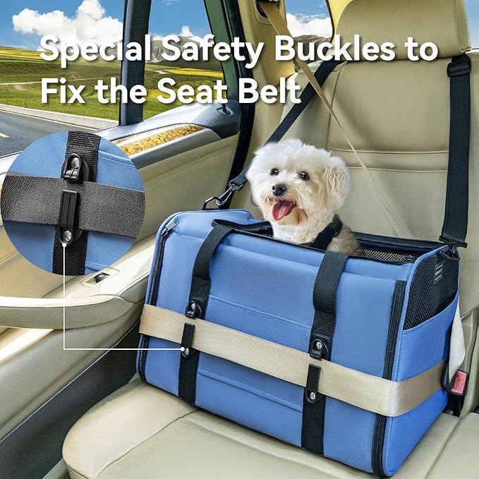 PETSFIT Soft-Sided Cat Carriers &amp; Car Seats with Patent Safe Buckles, Clip-On Harness, 19"x12"x12" Pet Travel Carrier - 20 lbs Capacity (Blue)