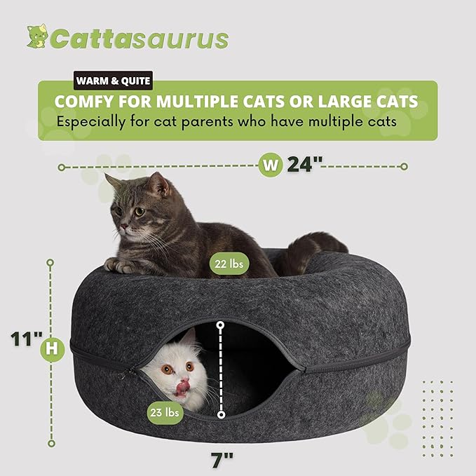 CATTASAURUS Peekaboo Cat Cave for Multiple &amp; Large Cats Up to 30-45 Lbs, Scratch Detachable &amp; Washable Tunnel Bed, Comfy Donut Cat Cave (Dark Gray + Dark Gray, Large)