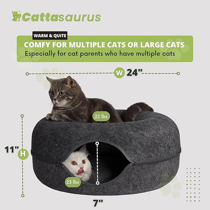 CATTASAURUS Peekaboo Cat Cave for Multiple &amp; Large Cats Up to 30-45 Lbs, Scratch Detachable &amp; Washable Tunnel Bed, Comfy Donut Cat Cave (Light Gray + Dark Gray, Large)