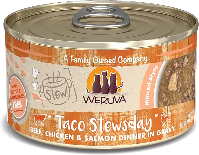 Weruva Classic Cat Stews!, Taco Stewsday with Beef, Chicken &amp; Salmon in Gravy, 2.8oz Can (Pack of 12)