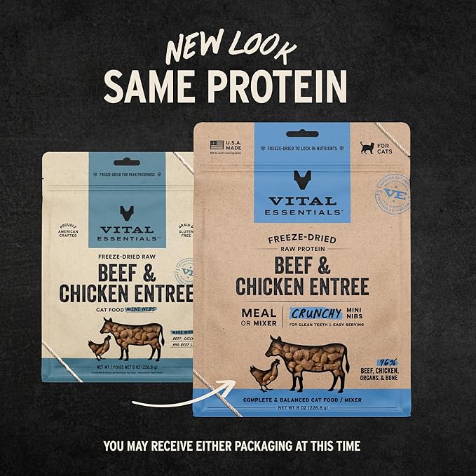 Vital Essentials Freeze-Dried Raw Beef &amp; Chicken Meal or Mixer Cat Food Crunchy Nibs, 8 oz