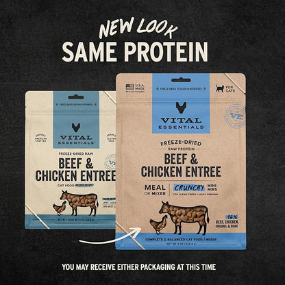 Vital Essentials Freeze-Dried Raw Beef &amp; Chicken Meal or Mixer Cat Food Crunchy Nibs, 8 oz