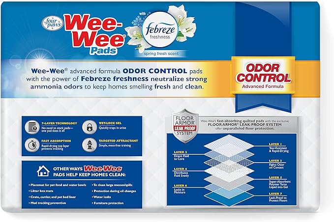 Four Paws Wee-Wee Odor Control with Febreze Freshness Pee Pads for Dogs &amp; Puppies, Leak-Proof Dog Housebreaking Potty Training Floor Protection, Spring Fresh Scent, 22" x 23", 50 Count