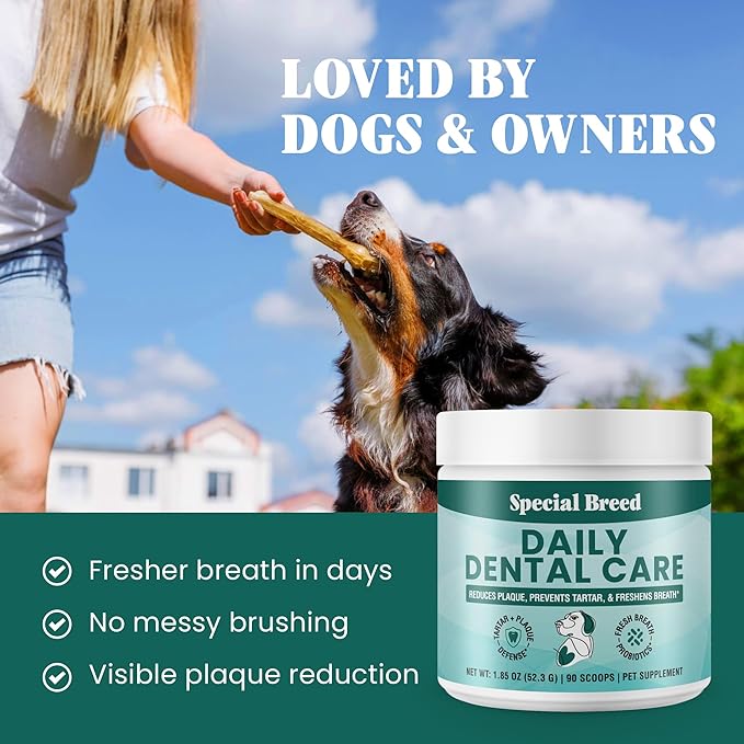 Dog Teeth Cleaning Powder – Natural Dog Dental Powder for Tartar Control, Fresh Breath &amp; Gum Health – Daily Plaque Remover with Zeolite, Brown Algae, Probiotics &amp; Rosemary – 90 Scoops