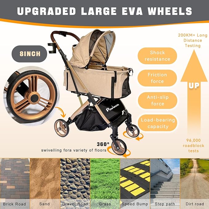 Pet Stroller for Small &amp; Medium Dogs Cats up to 55 lbs 4-in-1 Foldable Travel Pet Stroller with Detachable Carrier Lightweight All-Terrain Spring Damping,Car Seat,Sun Canopy,Khaki