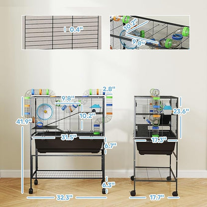 PawHut Hamster Cage with Deep Tray, 3 Tier Rolling Rat Cage with Storage Shelf, Big Exercise Wheel, Tube System, Hut, Platforms, Ramps, Food Dish, Water Bottle, for Syrian, Gerbil, Mouse
