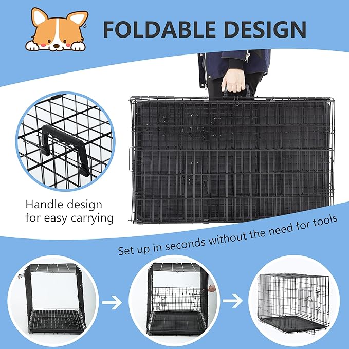 FDW 30 inch Dog Crate Dog Kennel Cage with Double Door Folding Metal Wire Dog Cage with Removable Tray&amp;Divider Panel,Pet Crate for Medium Dogs,Black