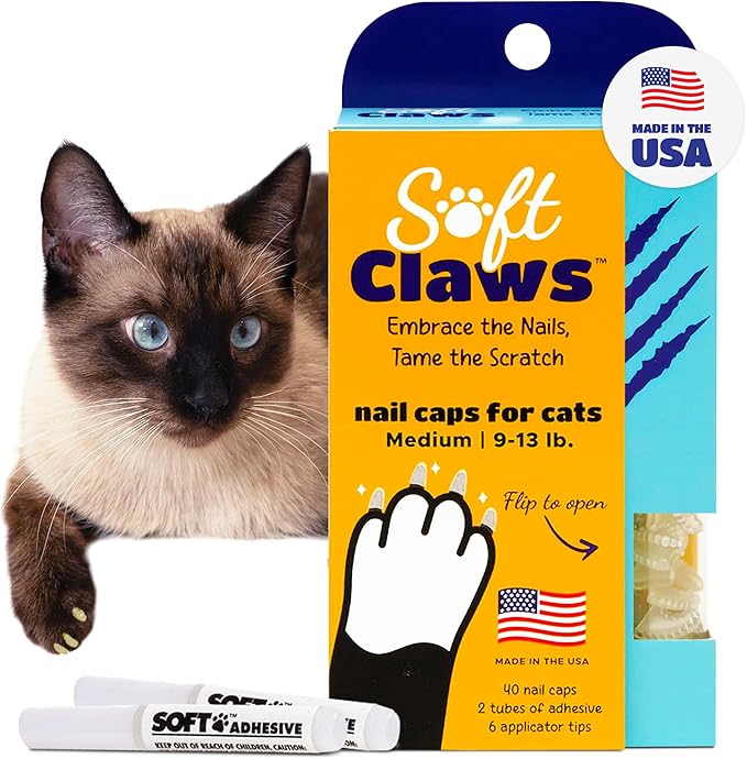 Soft Claws Cat Nail Caps for Medium Cats – (40 Caps, Clear) - Made in USA - Veterinarian-Developed | Protects Furniture &amp; Skin - Easy to Apply, Long-Lasting Anti-Scratch Soft Cat Claw Covers