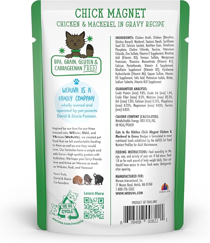 Weruva Cats in The Kitchen, Chick Magnet with Chicken &amp; Mackerel in Gravy Cat Food, 3oz Pouch (Pack of 12)