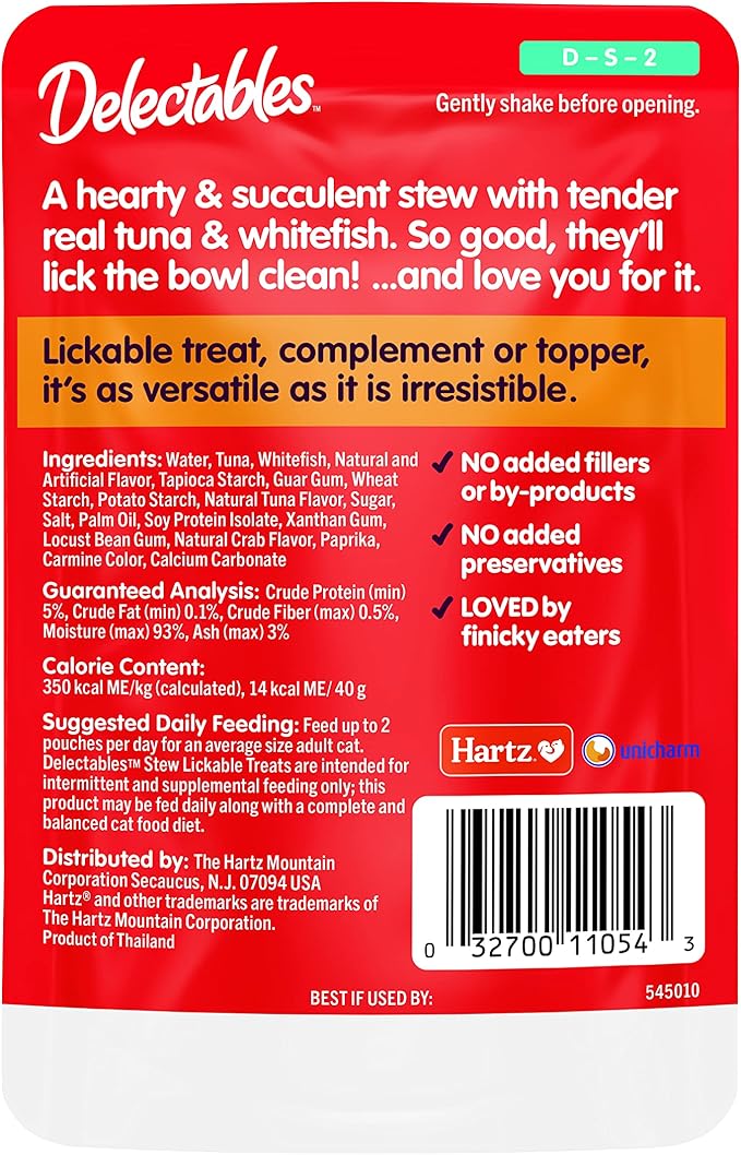 Hartz Delectables Stew Lickable Wet Cat Treats for Adult &amp; Senior Cats, Tuna &amp; Whitefish, 12 Count
