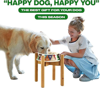 Dog Bowl Stand for Large Breed - 14-inch High, Adjustable Sideways to Fit Various Sizes of Pet Food/Water Bowls, Slow Feeders, and Drink Fountains - Bamboo
