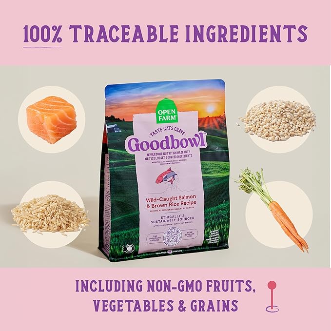 Open Farm Goodbowl, Protein Rich Dry Cat Food Made from Meticulously Sourced Simple Ingredients, Wild-Caught Salmon &amp; Brown Rice Recipe, 3lb Bag (48oz Bag)