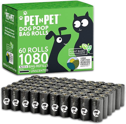 Pet N Pet 1080 Counts Black Poop Bags for Dogs, 41% Plant Based &amp; 59% PE Extra Thick Dog Poop Bags Rolls, 9" x 13", Unscented Pet Waste Bag