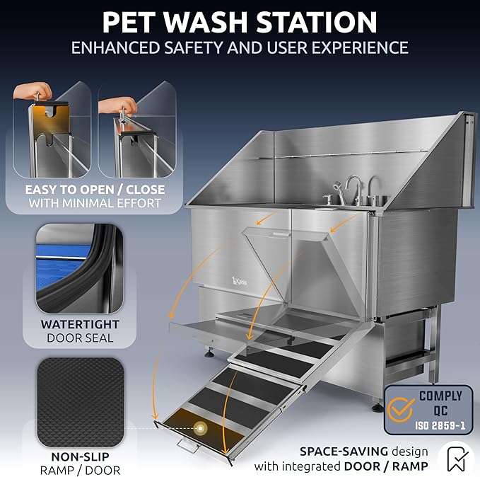 KANIS Professional Dog Washing Station - 304 Stainless Steel Pet Wash Sink &amp; Grooming Bath Tub for Home with Ramp, Shower, Floor Grate, Storage Drawers, and Faucet for Large, Medium &amp; Small Pets