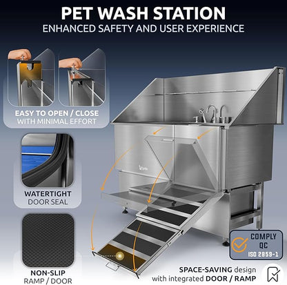KANIS Professional Dog Washing Station - 304 Stainless Steel Pet Wash Sink &amp; Grooming Bath Tub for Home with Ramp, Shower, Floor Grate, Storage Drawers, and Faucet for Large, Medium &amp; Small Pets