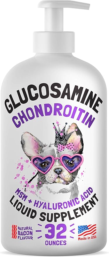 Liquid Glucosamine for Dogs Bacon Flavour Chondroitin, MSM &amp; Hyaluronic Acid K9 Supplement Hip and Joint Formula Advanced Mobility Joint Pain Relief Senior Advanced Supplement for All Breeds 32 oz