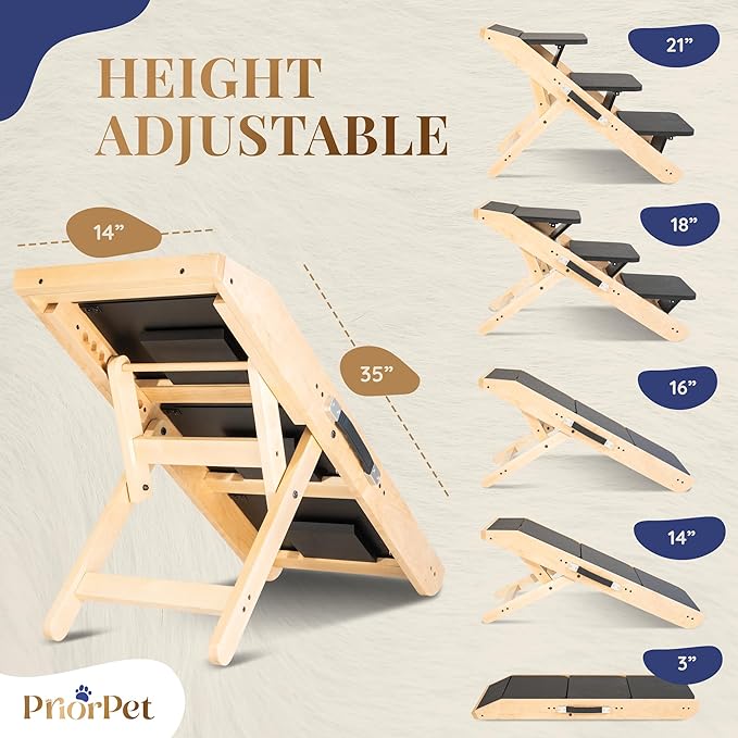 Dog Steps for Bed &amp; Couch 2-in-1 Dog Stairs/Ramp - Height Adjustable Dog Ramp for Couch 7” - 20” - Pet Stairs, Dog Stairs for Small Dogs - Easy to Move Pet Steps with Landing Platform, Natural