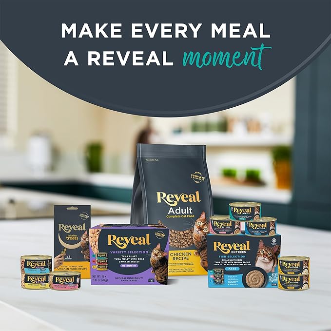Reveal Entrées Natural Wet Cat Food Paté, Grain-Free with Added Vitamins &amp; Minerals, Carrageenan-Free Tuna Fillet with Mackerel Paté Recipe (24 x 2.47 oz Cans)