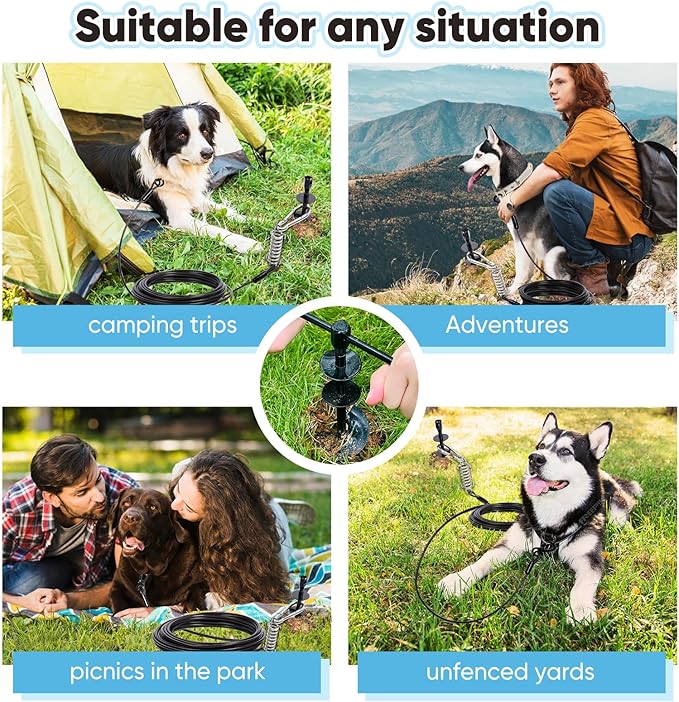 Dog Tie Out Stake for Large Dogs – Heavy Duty In-Ground Dog Anchor up to 210 lbs – Secure Tether Stake for Yard, Camping &amp; Beach – Easy Install with Tool, Works with Tie Out Cable &amp; Leash, Black
