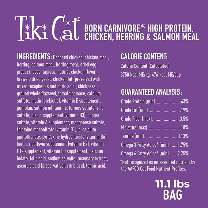Tiki Cat Born Carnivore High Protein Dry Cat Food, Chicken, Herring &amp; Salmon Meal, 11.1 lbs. Bag