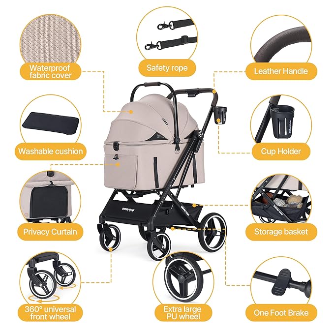 BEBEROAD X3 2 in 1 Pet Stroller for Medium or Two Small Dogs &amp; Cats 4 Wheels Lightweight Foldable Carrier Dog Stroller with Waterproof Weather Cover Cup Holder,Storage Basket(Camel)