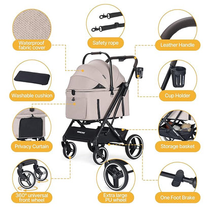 BEBEROAD X3 2 in 1 Pet Stroller for Medium or Two Small Dogs &amp; Cats 4 Wheels Lightweight Foldable Carrier Dog Stroller with Waterproof Weather Cover Cup Holder,Storage Basket(Camel)