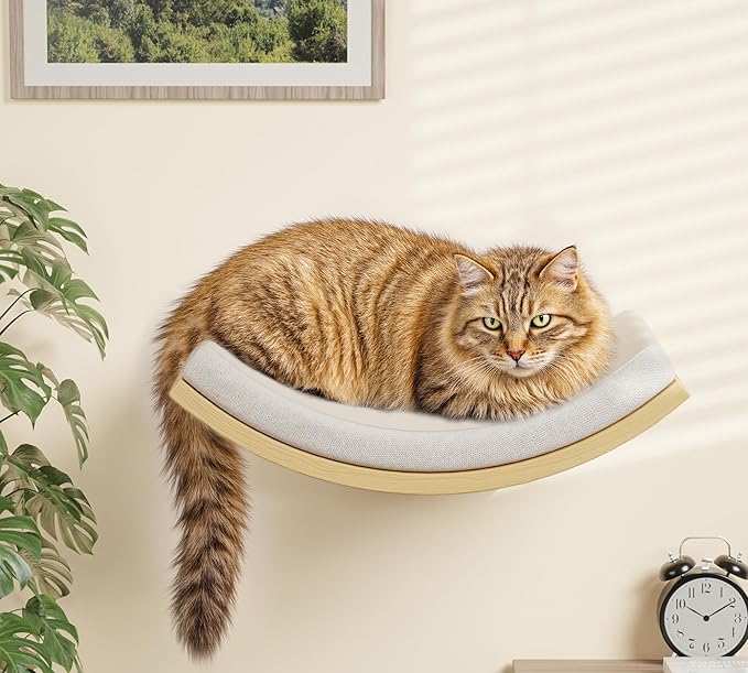 4-Piece Cats Wall Furniture with Cat Window Perch – Wood Wall Mounted Cat Shelves Set with Foam-Padded Curved Bed, Flat Perch &amp; 4-Step Cats Stairs