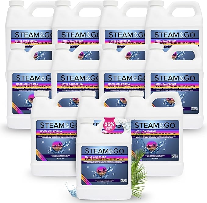 Steam &amp; Go Deminerilized Water - Multi-Surface Cleaner for Steam Cleaners, Hardwood Floors, Kitchens, &amp; Bathrooms - Germ-Killing Formula - Hotel California Scent - 32 Ounces (Pack of 12)