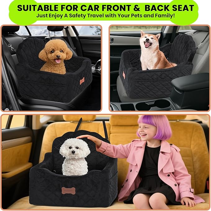 Dog Car Seat for Small Dogs Under 30lbs, Detachable Washable Pet Booster Seat with Safety Belt &amp; Storage Pockets, Travel Car Bed, Black