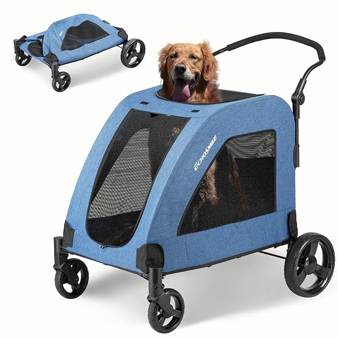 EchoSmile Heavy-Duty Large Dog Stroller with Shock-Absorbing Wheels, Foldable Pet Travel Carrier for Medium &amp; Large Dogs, 5 Mesh Windows, 160 lbs Capacity, Easy Assembly &amp; Storage